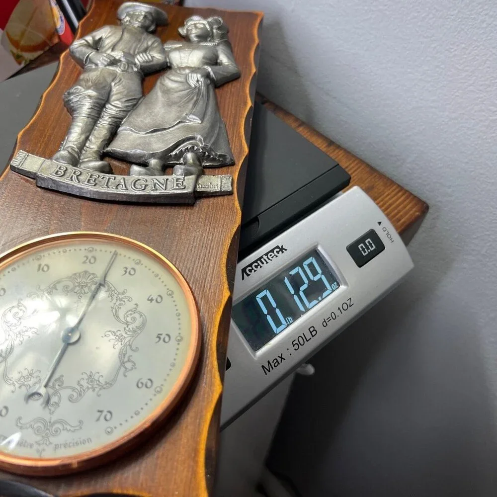 Vintage Wooden & Metal Bretagne France Barometer Man Woman Colonial 12”x4.5”